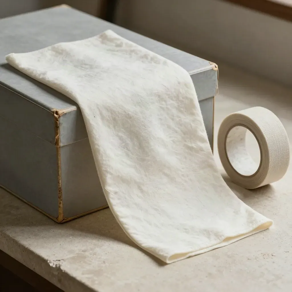 Archival sleeves, boxes, and linen tape on a pale stone workbench, close and tactile.