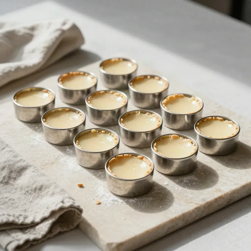Stainless tart rings and ramekins on stone with folded linen, lit by soft steam-filled daylight.