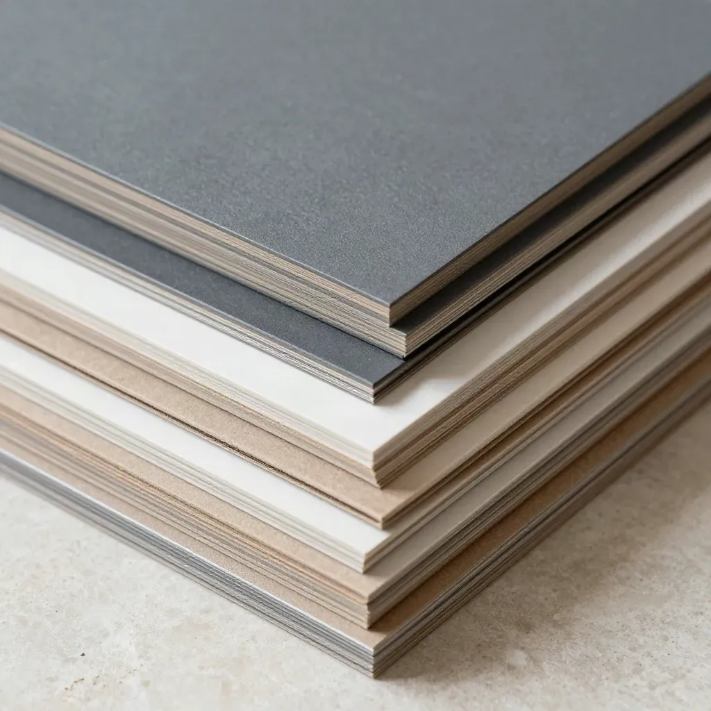 Top-down macro of packaging sample boards, kraft sleeves, and aluminum edge samples on pale stone.