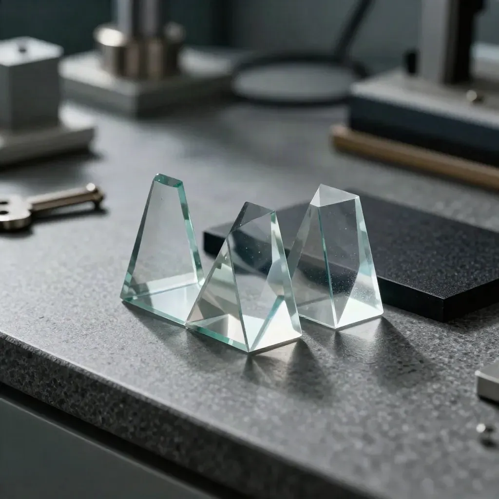 Frosted optical prisms and a calibration tile on a graphite bench in a dim optics lab