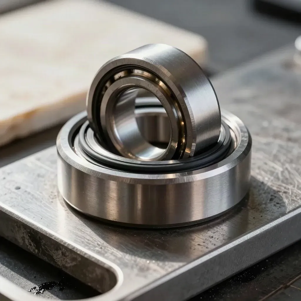 Bearing shell, seal ring, and steel shim on brushed metal with cool vapor and hard light