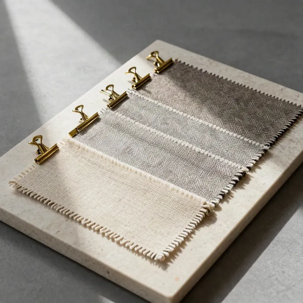 Top-down macro of textile swatches, brass clips, and a stone cutting board in soft daylight.