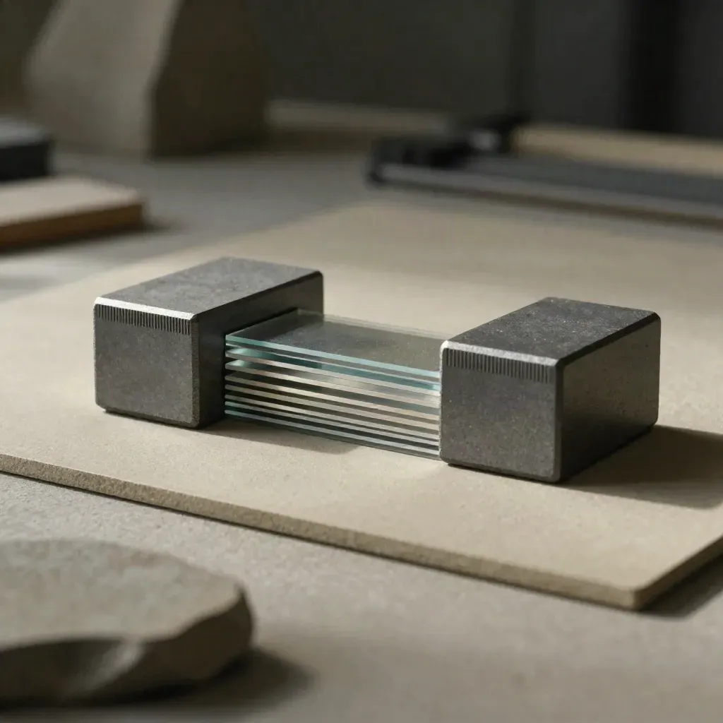 Ceramic alignment blocks with half-offset glass shims on a stone calibration bench