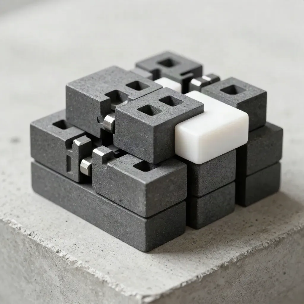 Macro still life of graphite modular blocks with machined connectors on matte concrete, softly lit.