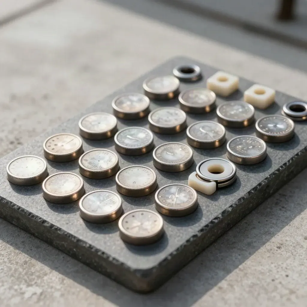 Overhead close-up of silver indicator pucks and metal tokens arranged in a stepped grid.