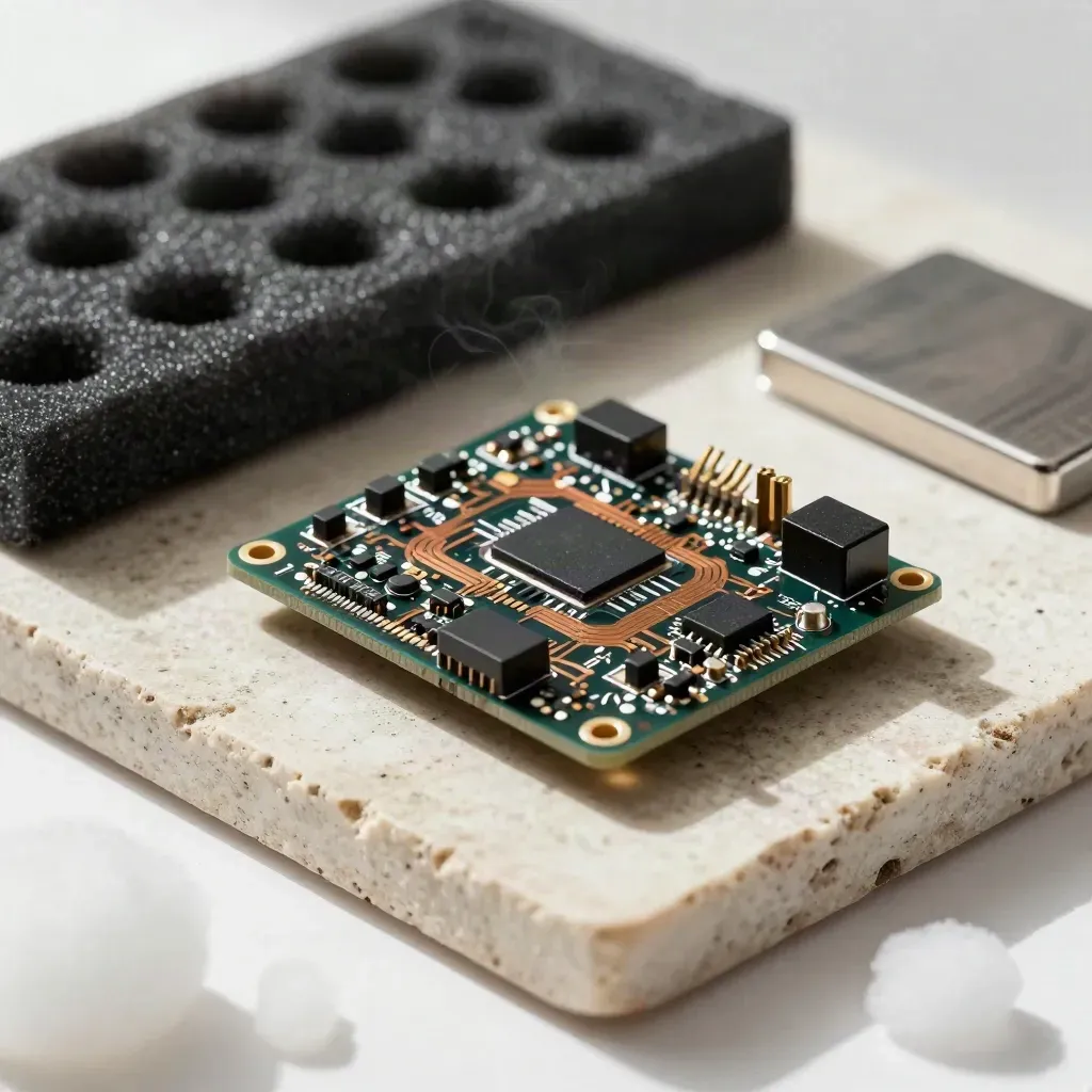 Sensor board and test connector resting in anti-static foam on limestone.