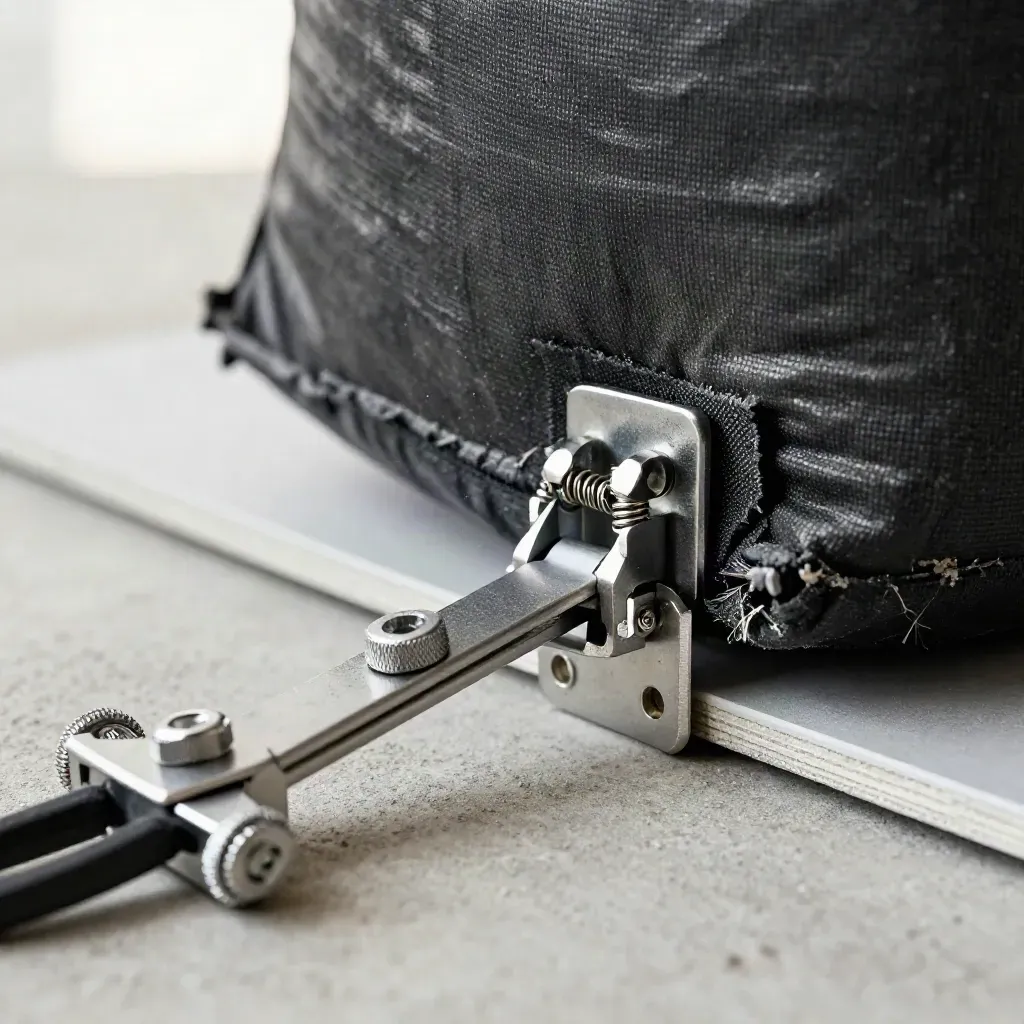 Macro of studio clamps, sandbag seams and mounting plates beside a blurred grey card.
