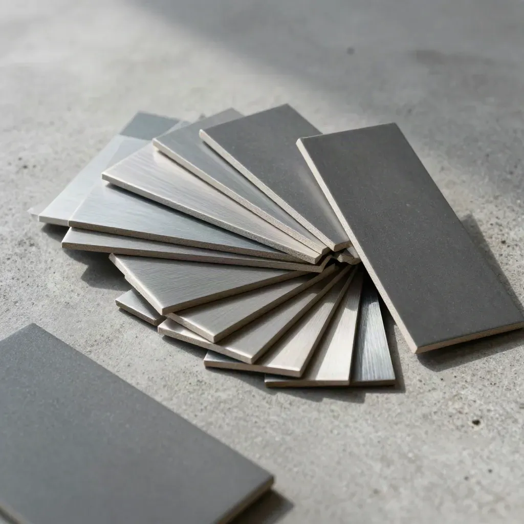 Matte graphite reference tiles, silver mounts, and setup wedges on concrete