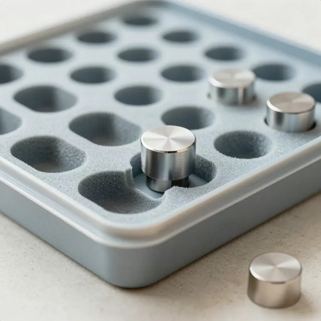 Prototype tray with foam insert and anodized sample pucks on a pale stone workbench