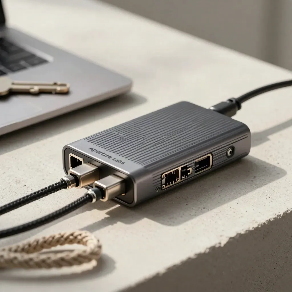 USB-C hub, dev board, Ethernet coupler and braided cables on a concrete bench in dramatic side light