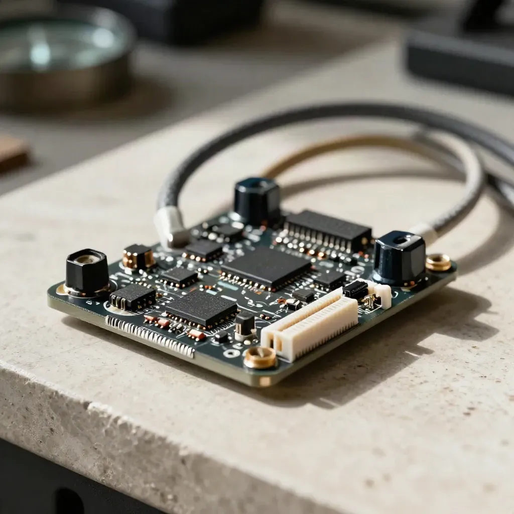 Macro of a dev board half-fitted into a metal enclosure with braided cable loops on pale stone.