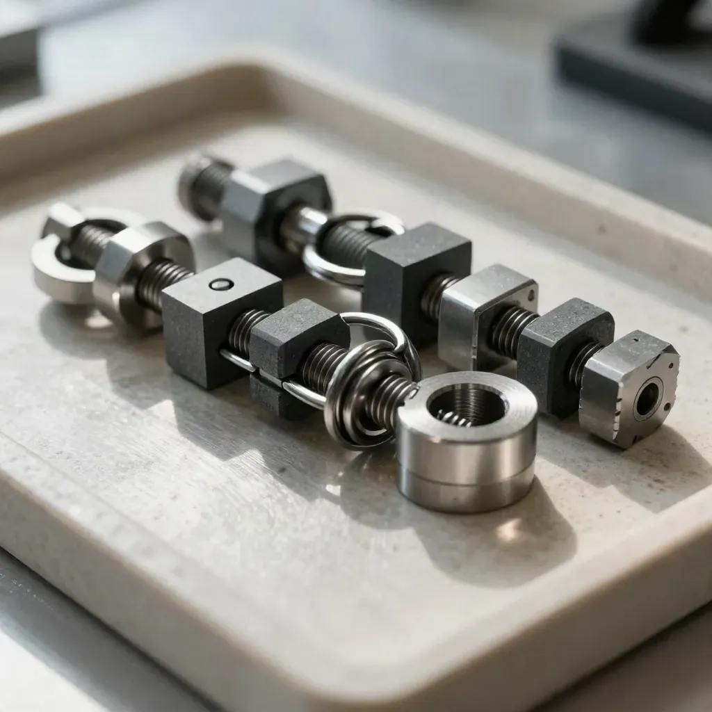 Overhead steel still life of linked metal connectors and blocks settling in a premium integration scene.