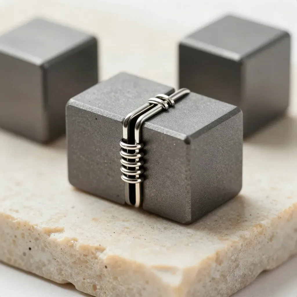 Two graphite connector cubes clipped together in a macro still life on pale stone.