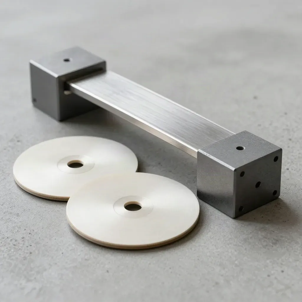 White spacer discs, a curved metal bridge, and modular blocks arranged in a precise overhead span.