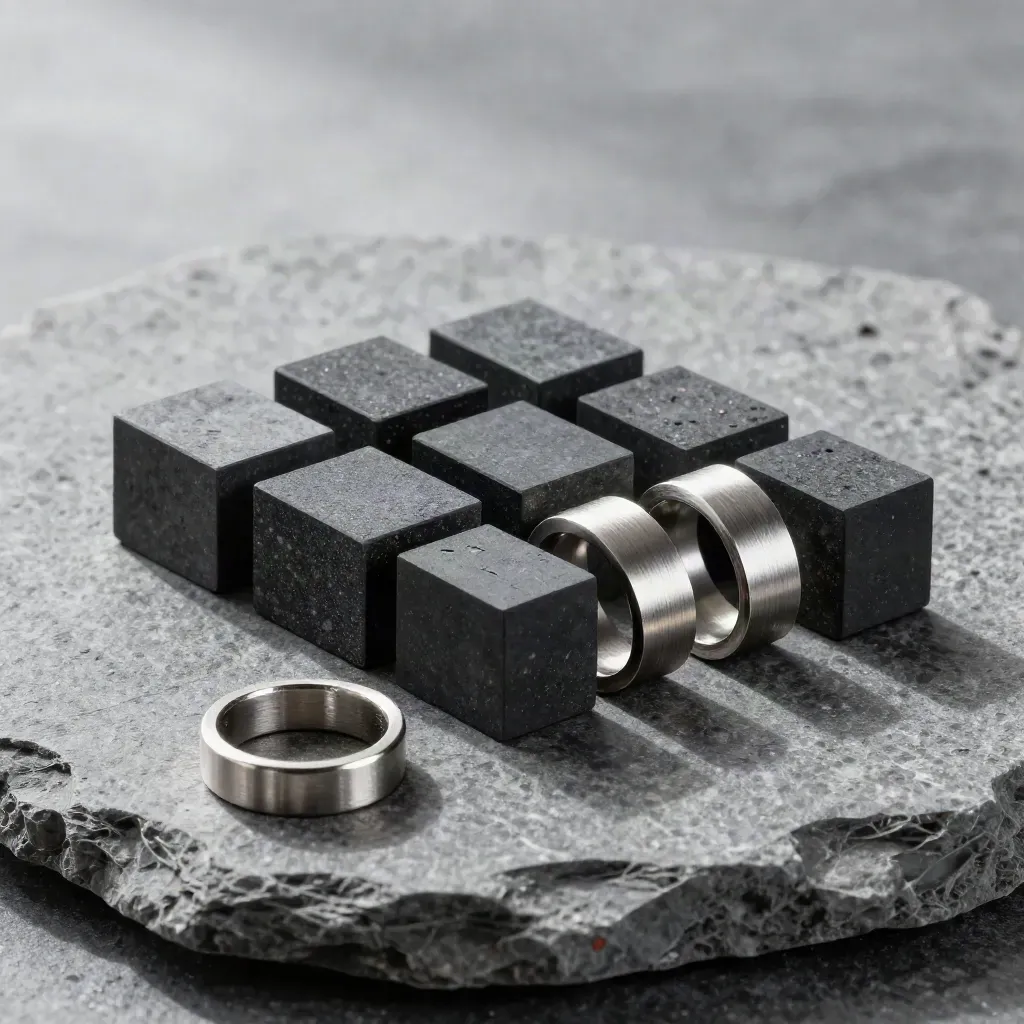 Graphite connector blocks and silver rings on basalt, one block sliding into place under soft daylight.